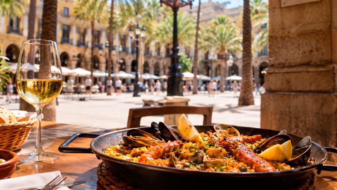 Paella de marisco en una terraza de Plaça Reial, Barcelona, junto a Las Ramblas.