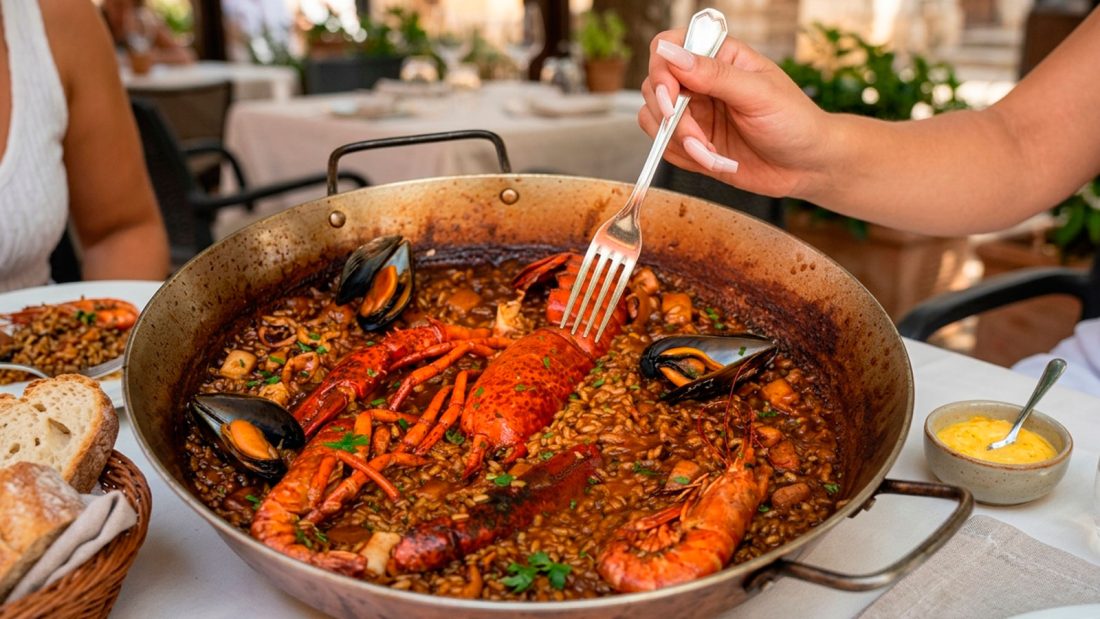 Gran cassola de coure amb un cremós arrossejat de llamàntol, gambes vermelles, musclos i calamars a la terrassa d'un restaurant.
