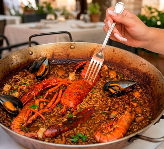 Gran cassola de coure amb un cremós arrossejat de llamàntol, gambes vermelles, musclos i calamars a la terrassa d'un restaurant.